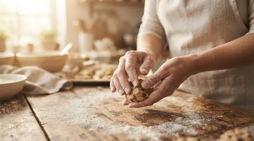 Mains façonnant une boule de pâte aux pépites de chocolat au-dessus d'un plan fariné