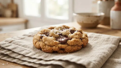 Cookie au chocolat posé sur un torchon de lin, devant une fenêtre lumineuse