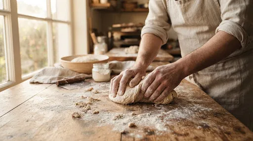 Mains pétrissant une pâte à biscuits sur un plan de travail en bois fariné